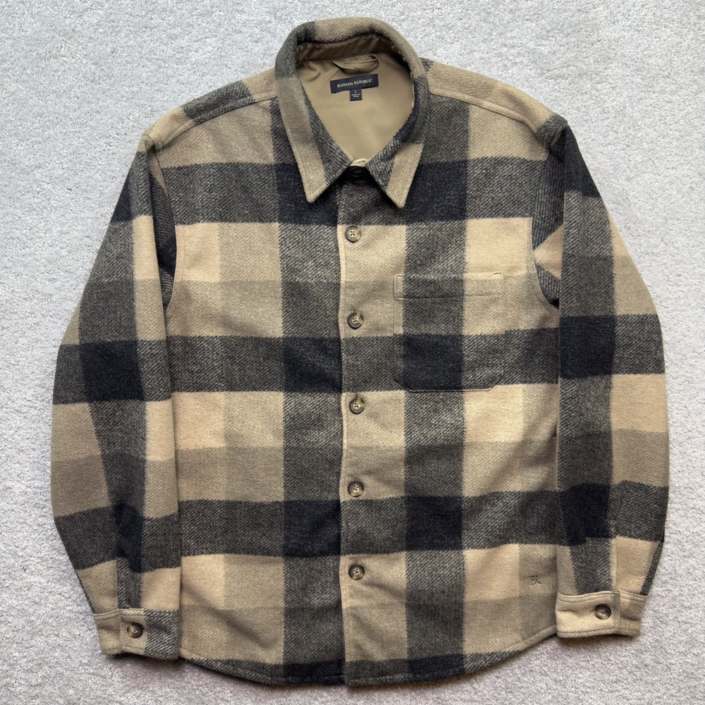 Banana Republic Shirt Jacket Mens Large Tan Black Plaid Fleece Button Up Shacket